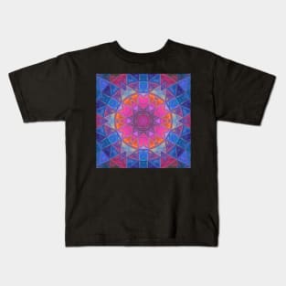 Mosaic Kaleidoscope Flower Pink Blue and Yellow Kids T-Shirt